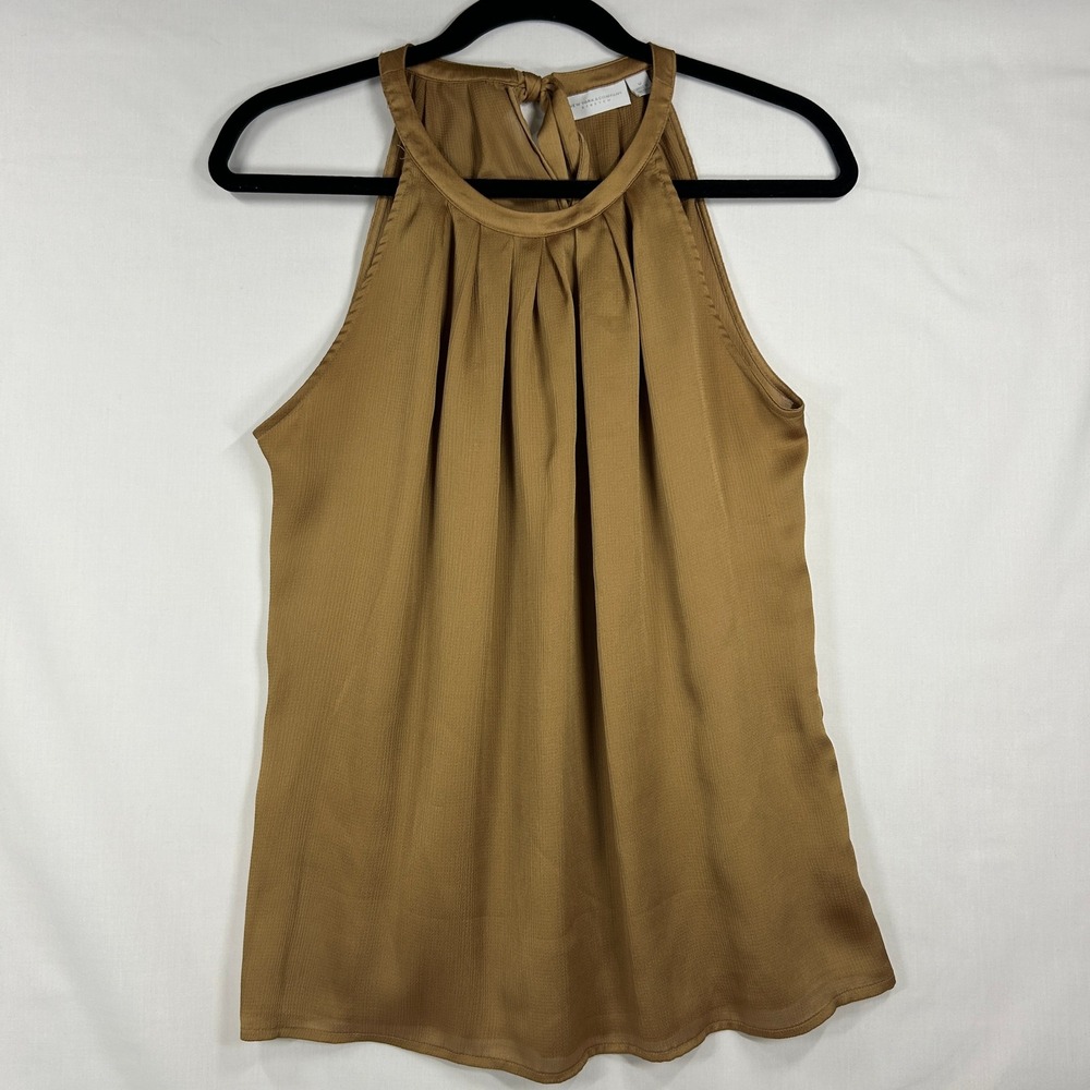 New York & Company Gold Halter Top Medium Pleated Satin Finish Blouse